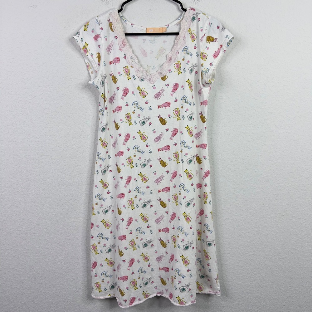 La Cera‎ Nightgown Womens XS White Cat Print Short Sleeve Lace Trim Sleepwear
